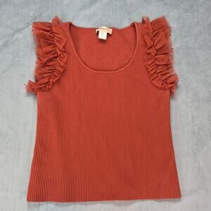 Bailey 44 Ribbed Flounce Ruffle Sleeve Knit Casual Top Womens Rust Terracotta L